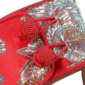 The Shoe Loft Shoes - Yani Red Faux Silk Asian Print Ankle Choker Heels The Shoe Loft Shoes - Yani Red Faux Silk Asian Print Ankle Choker Heels
